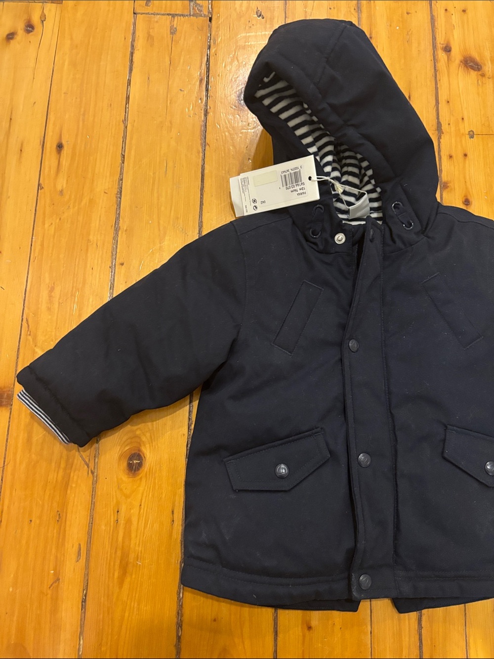 NWT Petit Bateau Navy Hooded Jacket with Cream and Navy Striped Lining - Picture 3 of 5